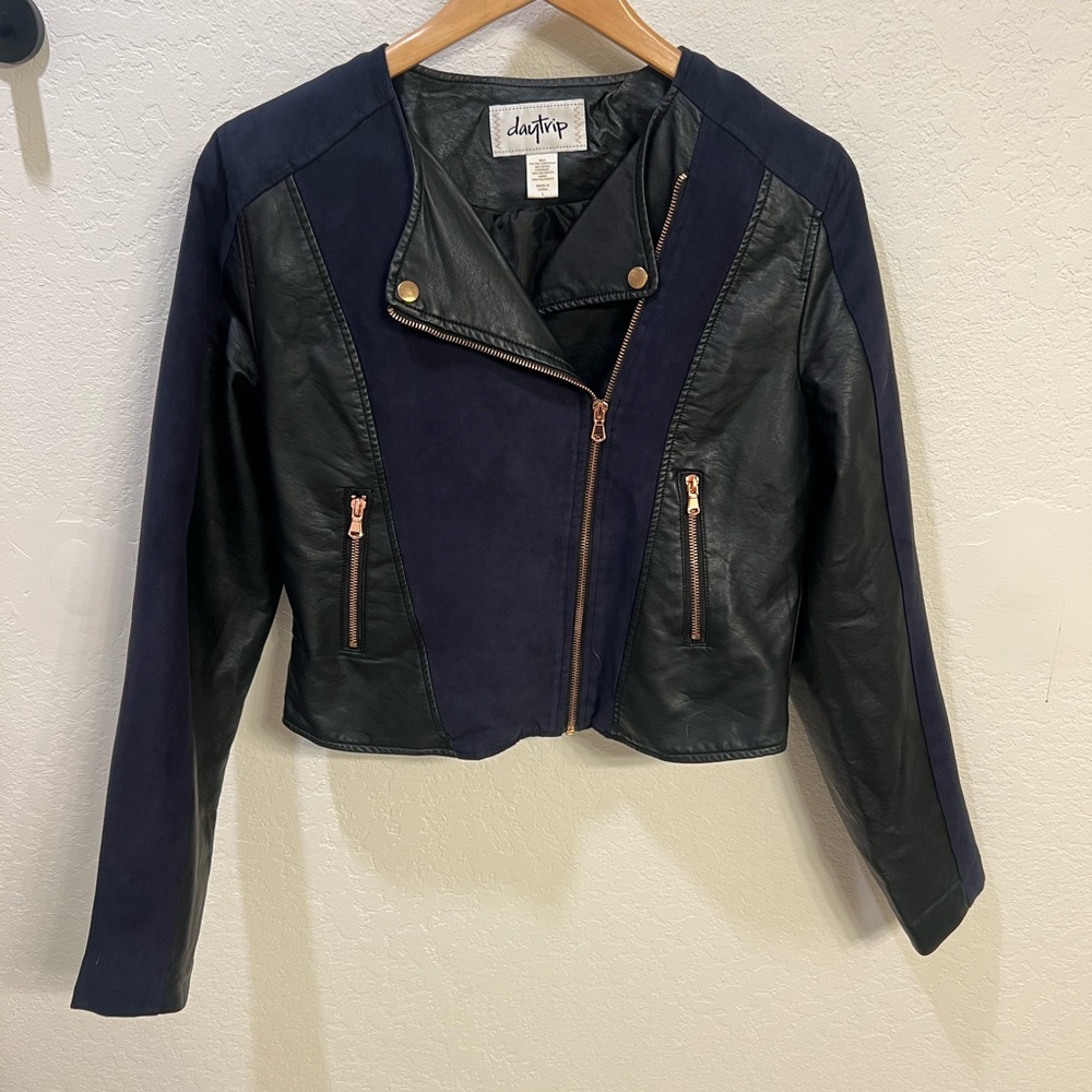 Daytrip Navy & Black Moto Mixed-Media Jacket